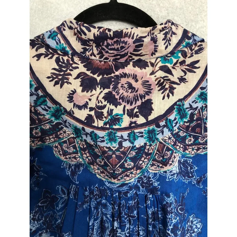 Free People Button-Up Top Floral Lightweight Blue Motif Women's Medium NEW